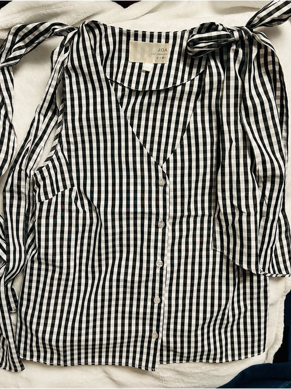 J.O.A. Black and White Gingham Button Front Tie Shoulder Blouse
